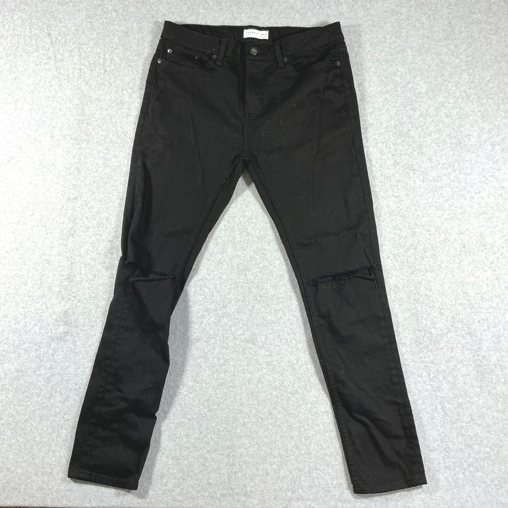 Topman Mens Skinny Jeans Black Distressed Blown Out Knee Stretch Denim 34x32